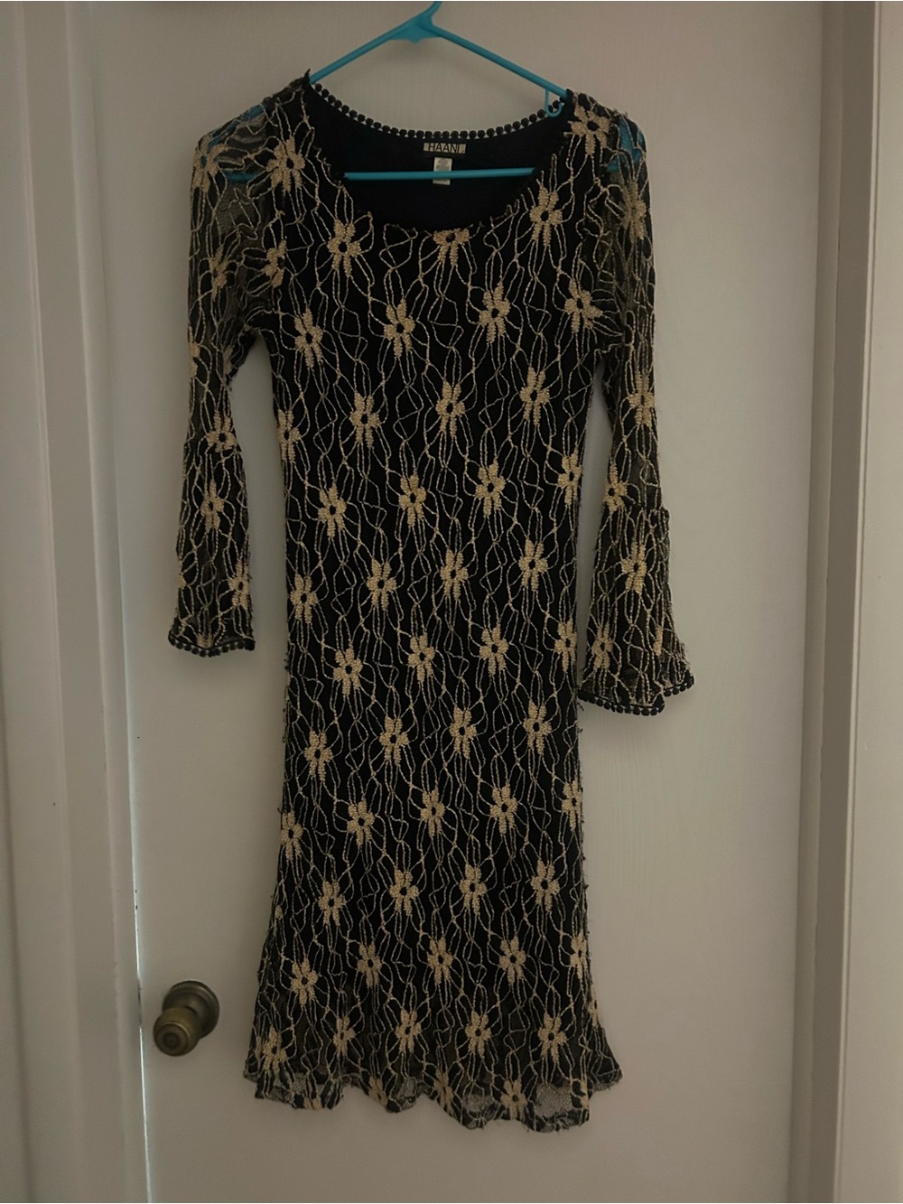 Haani Black Dress with Cream Floral Lace Long Sleeves